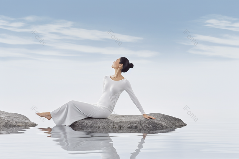 白衣女人坐在水面石头上做瑜伽运动训练健身实拍,高清,摄影图,摄影图片,图片大全,摄影图免费下载